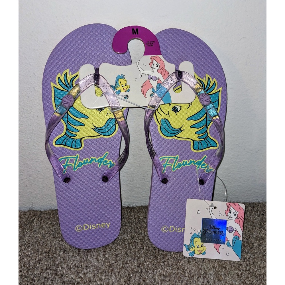 Disney Little Mermaid Flounder Flip Flops Sandals Purple Glitter‎ Medium 7-8 NWT